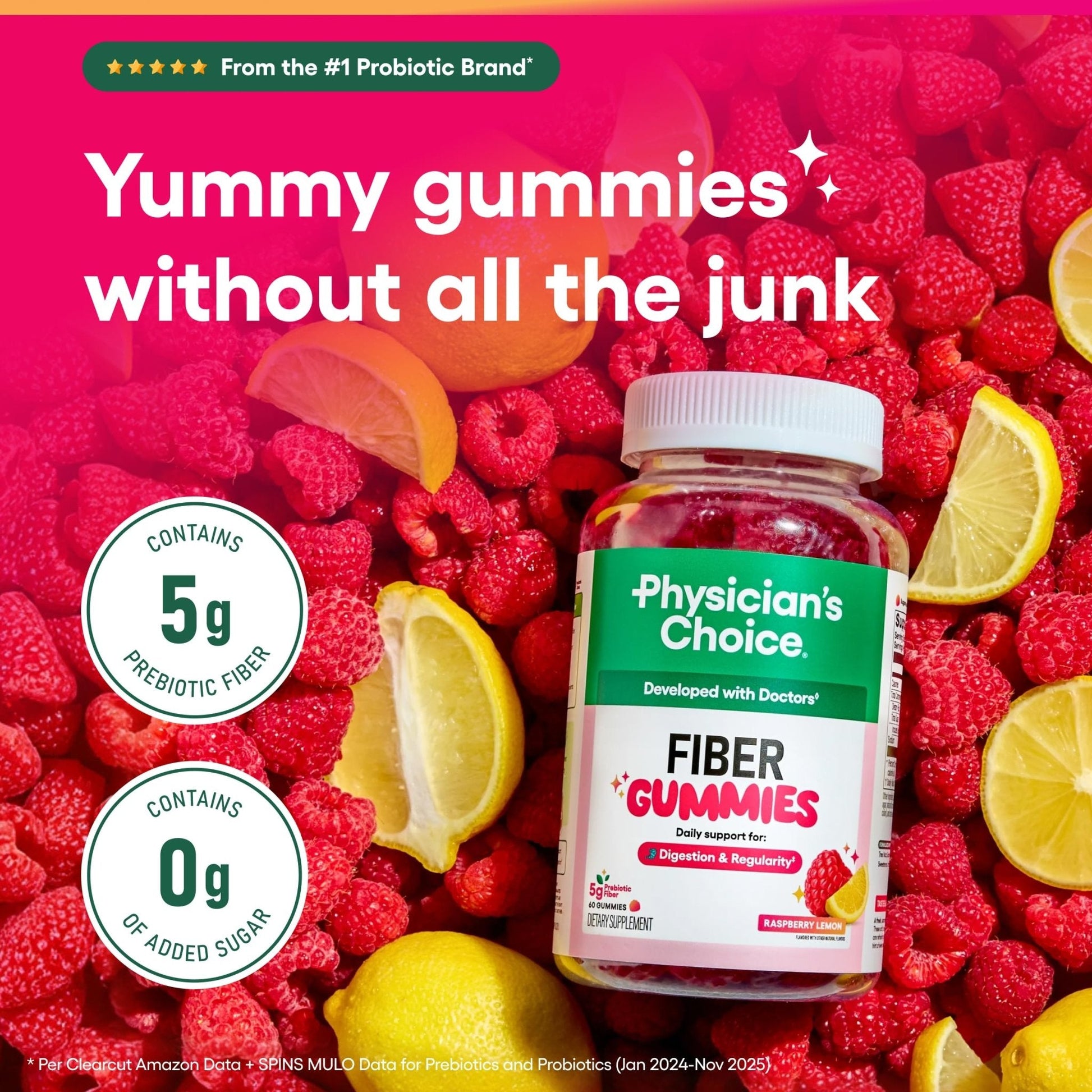 Physician’s Choice Fiber Gummies for Digestive Health & Regularity - Raspberry Lemon Flavor - No Sugar Added & Vegan - Natural Chicory Root Prebiotic Fiber - Maple Wellness Supplements