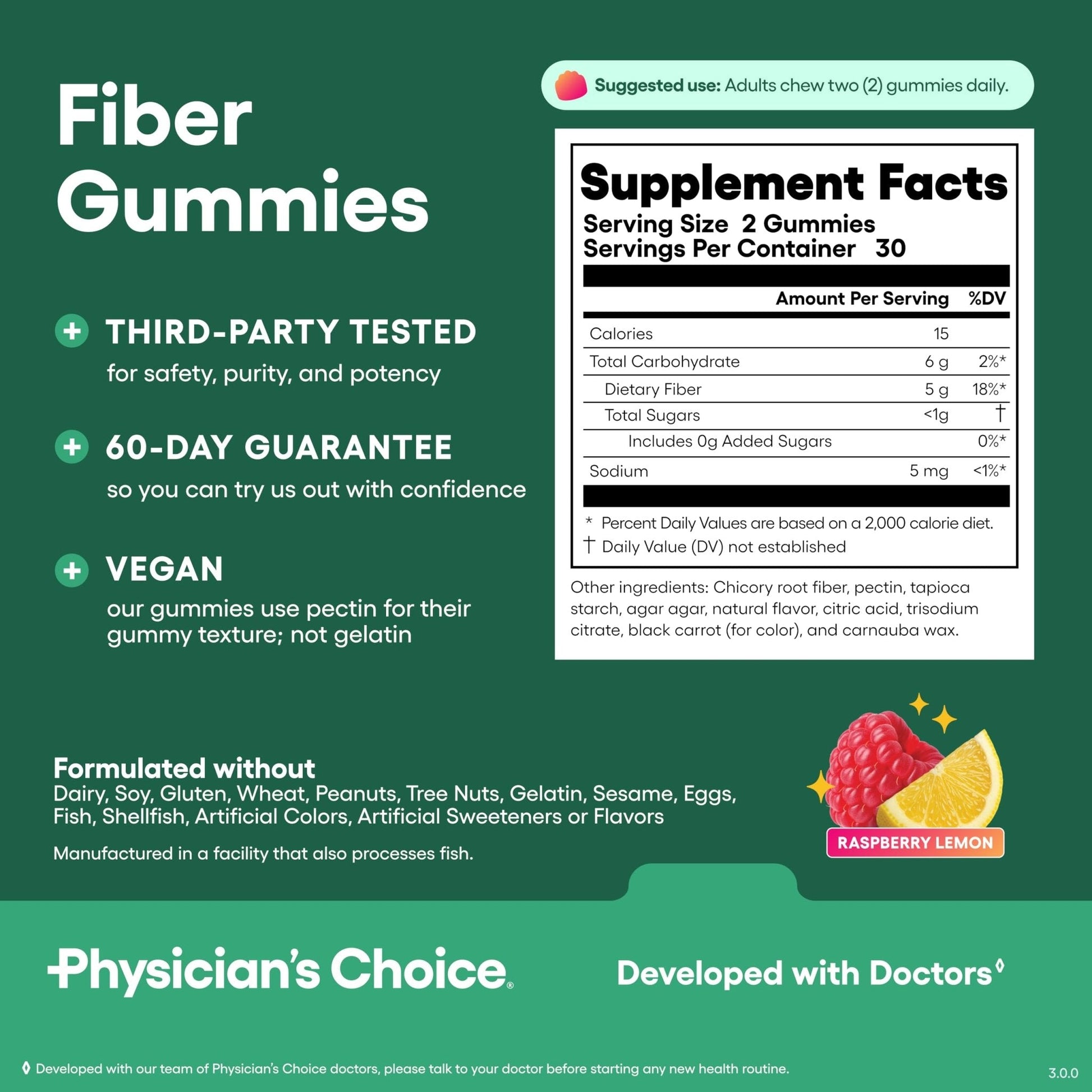 Physician’s Choice Fiber Gummies for Digestive Health & Regularity - Raspberry Lemon Flavor - No Sugar Added & Vegan - Natural Chicory Root Prebiotic Fiber - Maple Wellness Supplements