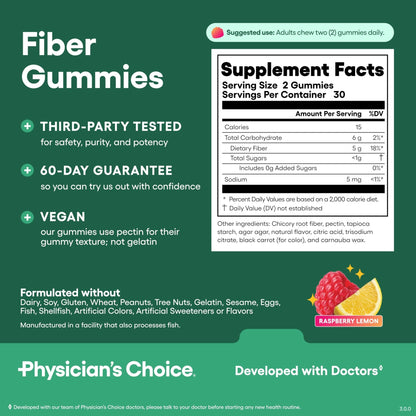 Physician’s Choice Fiber Gummies for Digestive Health & Regularity - Raspberry Lemon Flavor - No Sugar Added & Vegan - Natural Chicory Root Prebiotic Fiber - Maple Wellness Supplements