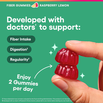 Physician’s Choice Fiber Gummies for Digestive Health & Regularity - Raspberry Lemon Flavor - No Sugar Added & Vegan - Natural Chicory Root Prebiotic Fiber - Maple Wellness Supplements