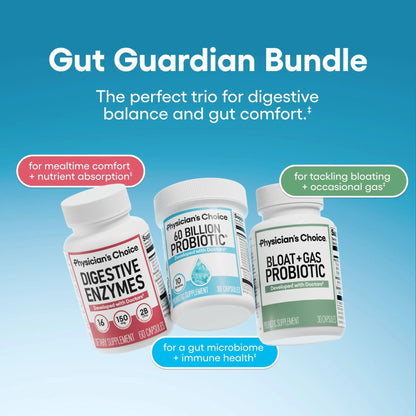 Physician's CHOICE Gut Guardian Bundle: Advanced Bloating & Digestion Support with 60 Billion Probiotic, Digestive Enzymes & Bloat + Gas Probiotic - Daily Gut Health Support for Women and Men - Maple Wellness Supplements