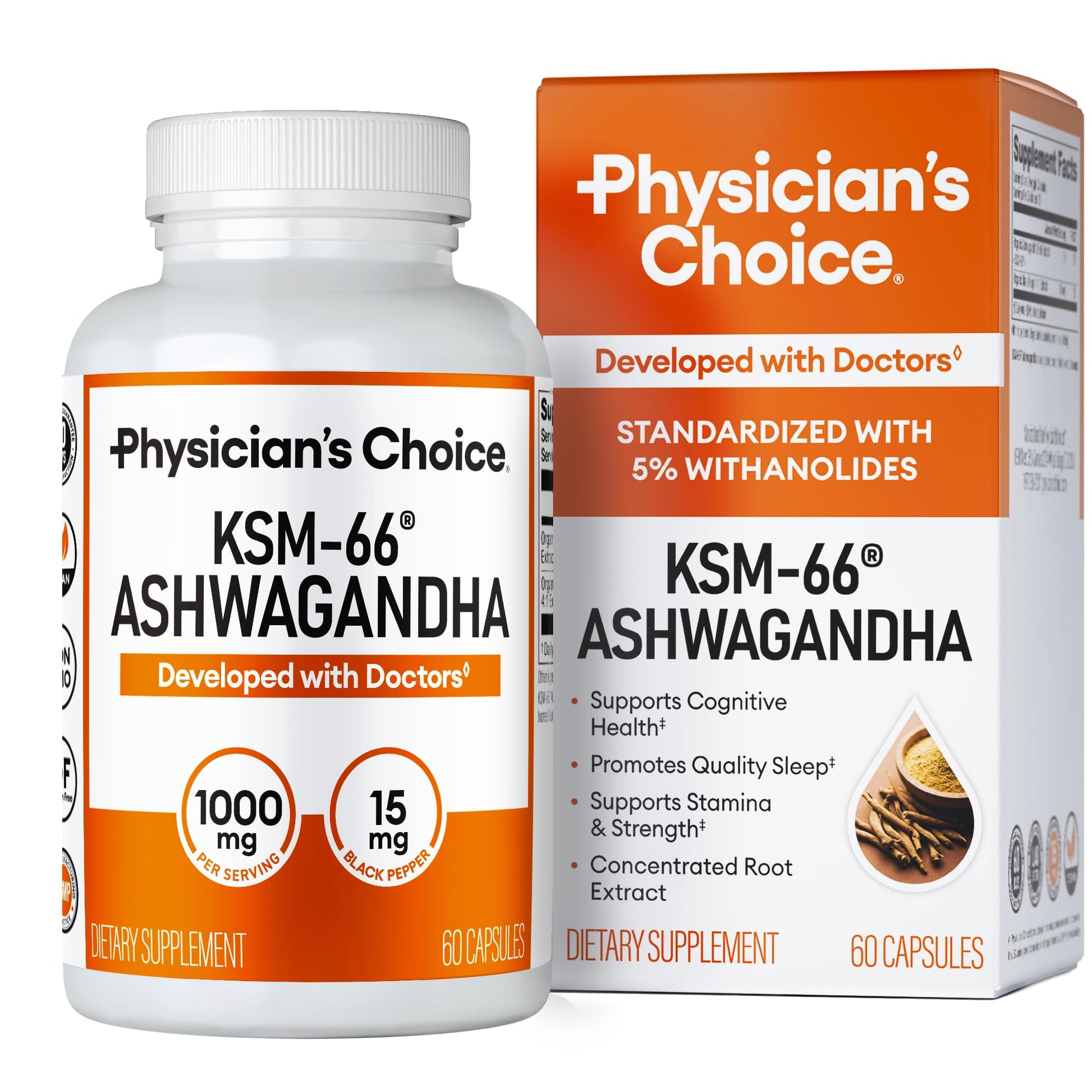 Physician's CHOICE KSM-66 Ashwagandha Root Powder Extract 1,000mg - Organic - with Black Pepper for Maximum Absorption - 5% Withanolides - Maple Wellness Supplements