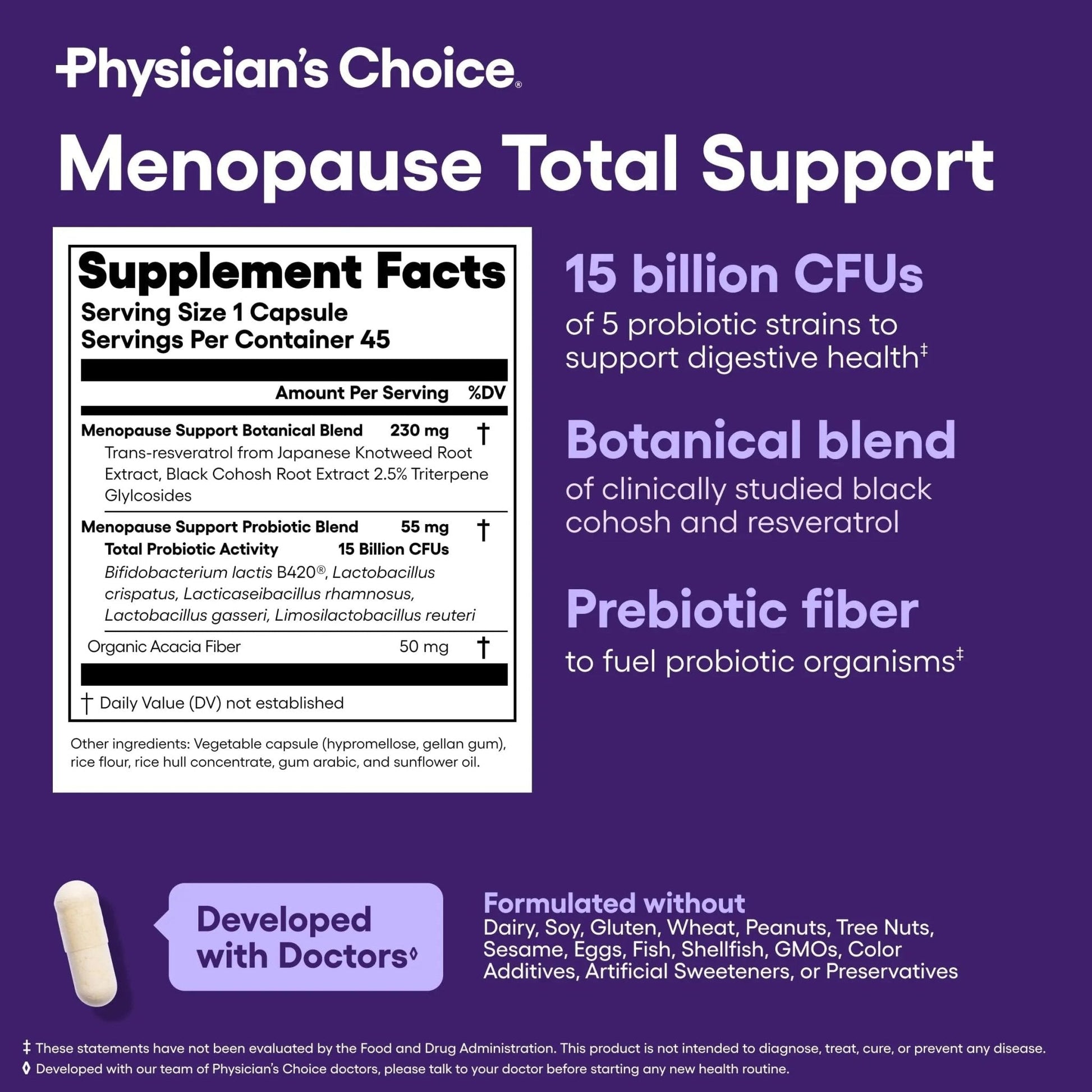 Physician's CHOICE Menopause Probiotic Supplement for Women - Supports Hormone Balance, Hot Flashes, Night Sweats, Weight Management, Bloating & Gut Health - with Black Cohosh, Resveratrol+ - 45ct - Maple Wellness Supplements