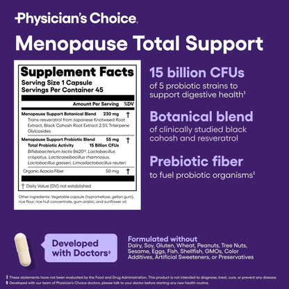 Physician's CHOICE Menopause Probiotic Supplement for Women - Supports Hormone Balance, Hot Flashes, Night Sweats, Weight Management, Bloating & Gut Health - with Black Cohosh, Resveratrol+ - 45ct - Maple Wellness Supplements