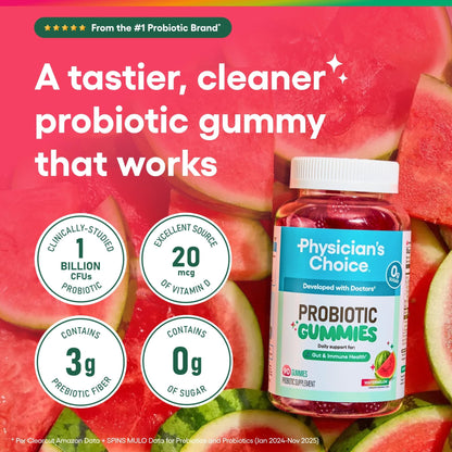 Physician's CHOICE Probiotic Gummies with Vitamin D & Prebiotic Fiber - Sugar Free - 1B CFUs of Clinically Studied Probiotic - Supports Immune & Gut Health - Maple Wellness Supplements