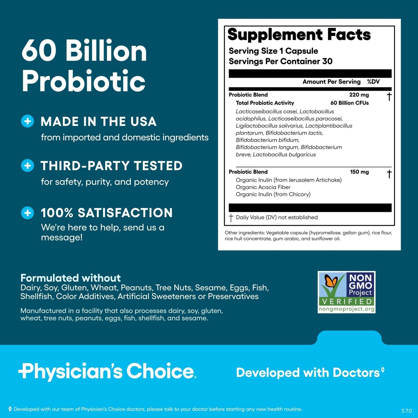 Physician's CHOICE Probiotics 60 Billion CFU - 10 Strains + Organic Prebiotics - Immune, Digestive & Gut Health - Supports Occasional Constipation, Diarrhea, Gas & Bloating - for Women & Men - 30ct - Maple Wellness Supplements