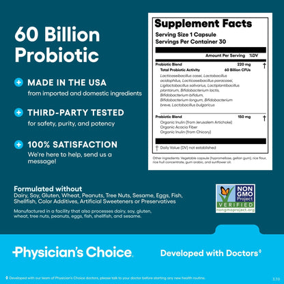 Physician's CHOICE Probiotics 60 Billion CFU - 10 Strains + Organic Prebiotics - Immune, Digestive & Gut Health - Supports Occasional Constipation, Diarrhea, Gas & Bloating - for Women & Men - 30ct - Maple Wellness Supplements