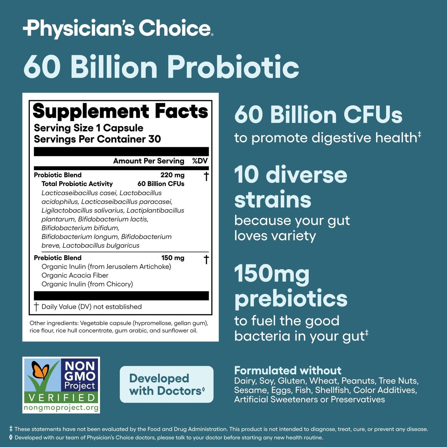 Physician's CHOICE Probiotics 60 Billion CFU - 10 Strains + Organic Prebiotics - Immune, Digestive & Gut Health - Supports Occasional Constipation, Diarrhea, Gas & Bloating - for Women & Men - 30ct - Maple Wellness Supplements
