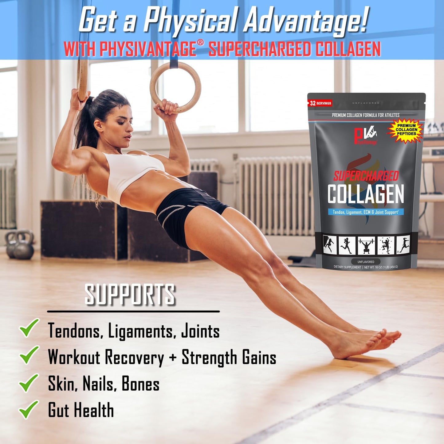 PhysiVantage Supercharged Collagen Peptides Powder - Hydrolyzed Collagen for Joint, Tendon, Ligament, & Skin Health Support - Peach Mango, Keto, Paleo, 16oz | Enhanced with Vitamin C, BCAAs, Grass-Fed - Maple Wellness Supplements