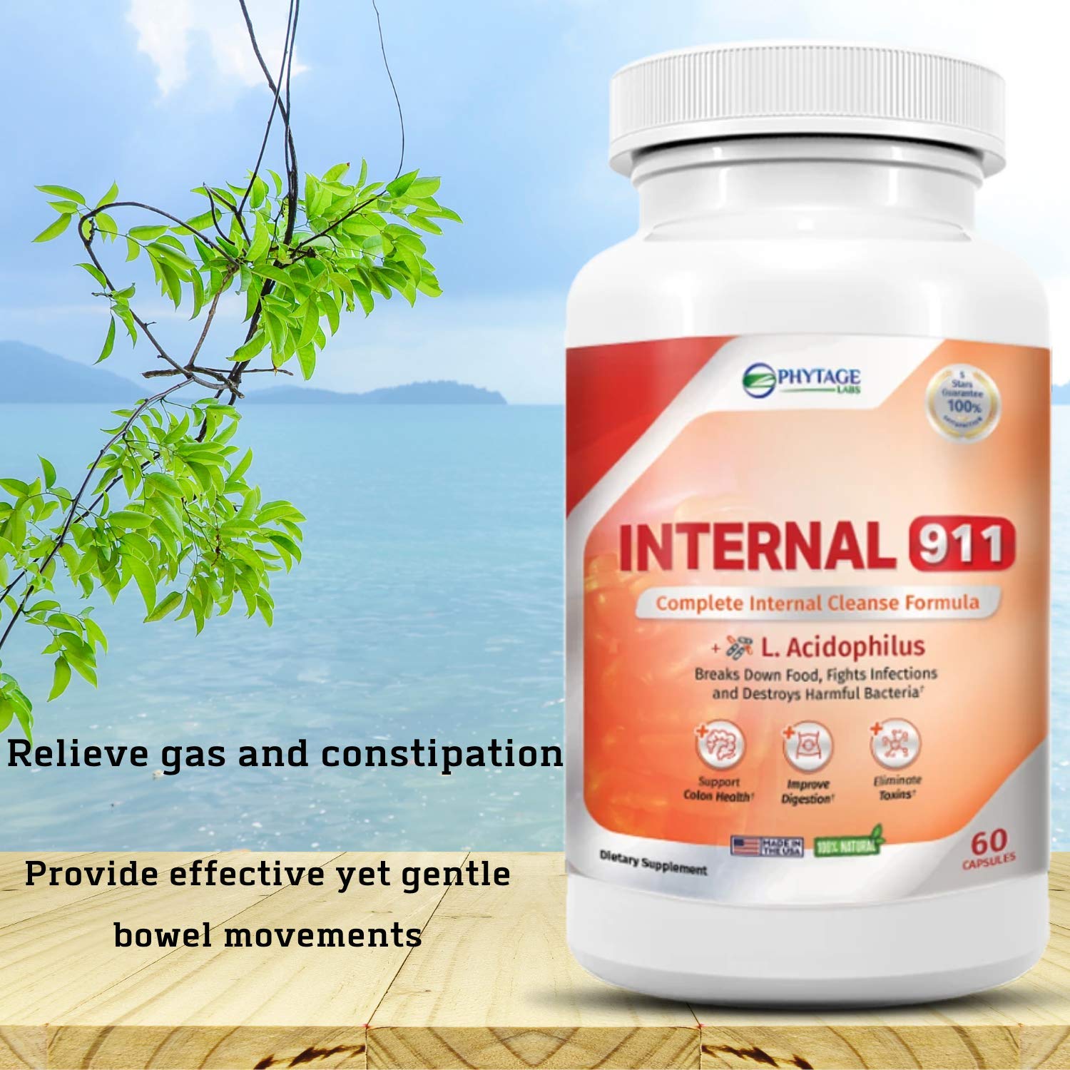 Phytage Labs Internal 911 Colon Cleanse Detox Supplement - Natural Laxative Cleanser Removes Toxins for Better Digestion and Radiant Skin - 60 Capsules - Maple Wellness Supplements