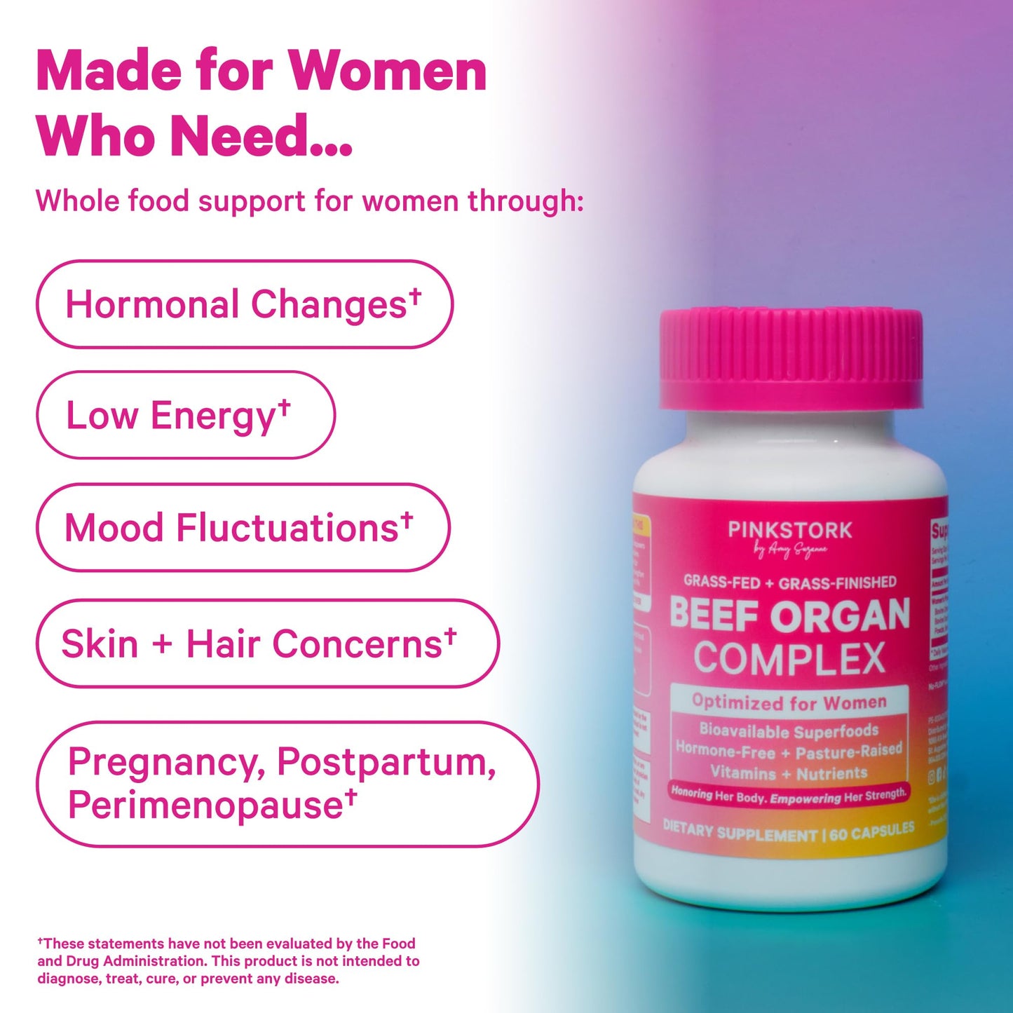 Pink Stork Beef Organ Supplement for Women | Grass-Fed Beef Liver Capsules with Iron, B12, CoQ10, Vitamin A | Primal Multivitamin for Female Hormone + Energy Support | 60 Capsules - Maple Wellness Supplements