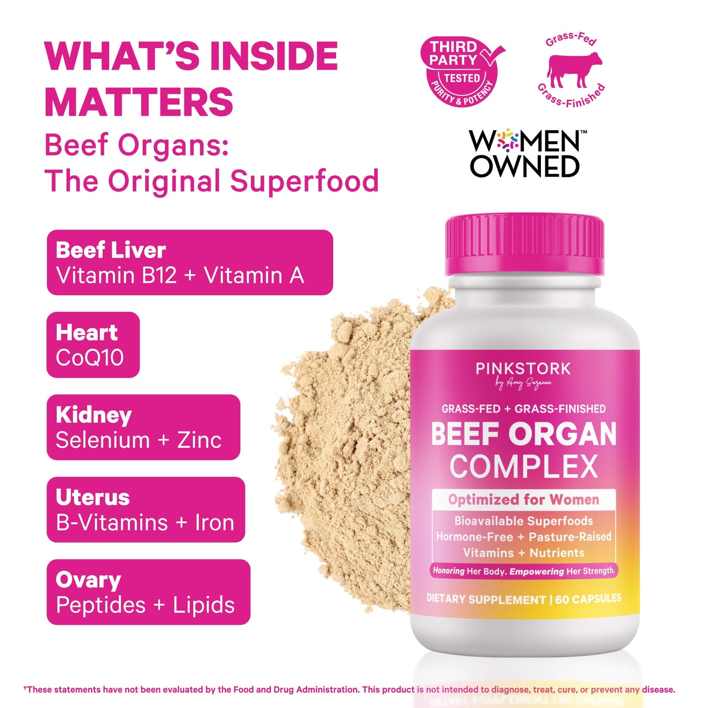 Pink Stork Beef Organ Supplement for Women | Grass-Fed Beef Liver Capsules with Iron, B12, CoQ10, Vitamin A | Primal Multivitamin for Female Hormone + Energy Support | 60 Capsules - Maple Wellness Supplements