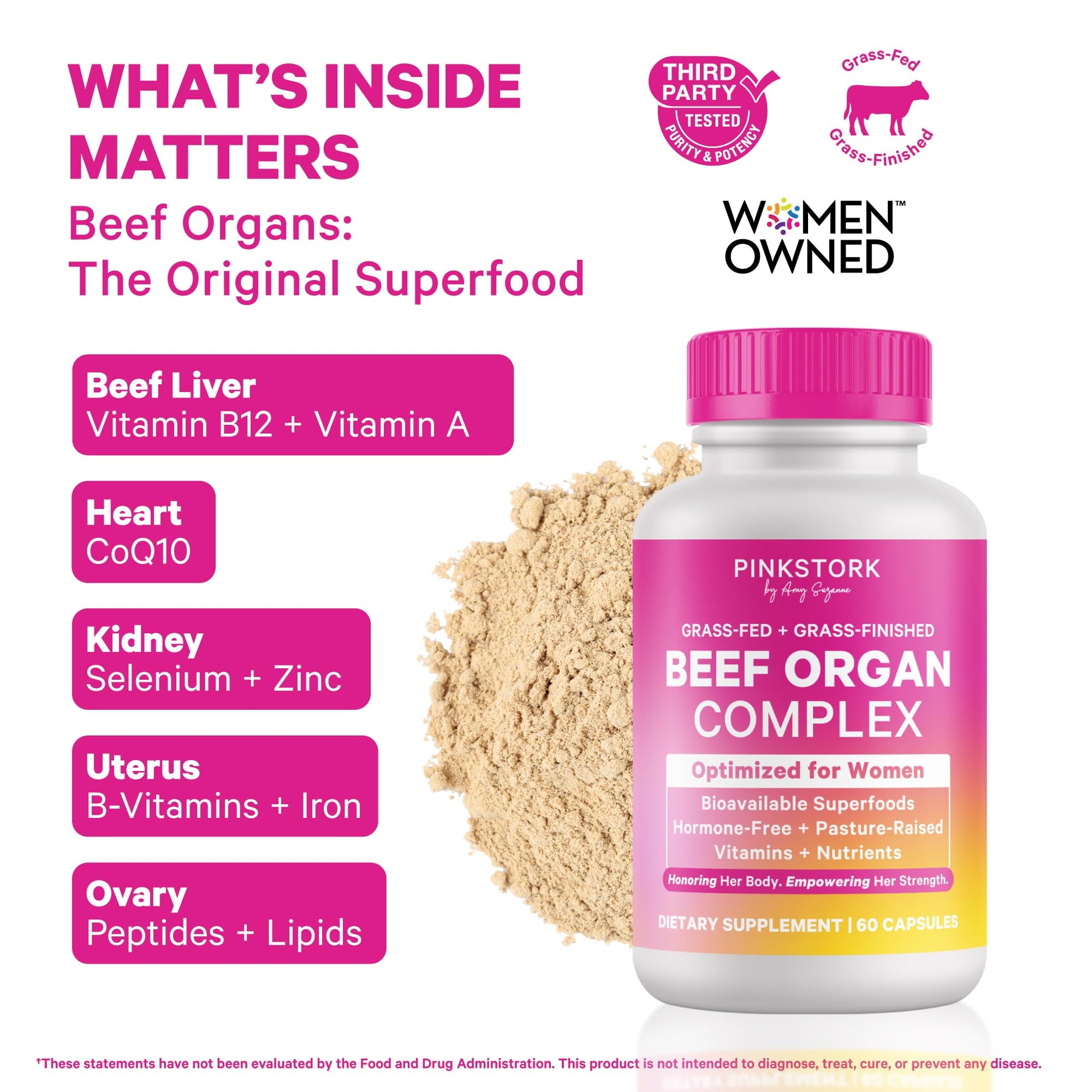 Pink Stork Beef Organ Supplement for Women | Grass-Fed Beef Liver Capsules with Iron, B12, CoQ10, Vitamin A | Primal Multivitamin for Female Hormone + Energy Support | 60 Capsules - Maple Wellness Supplements