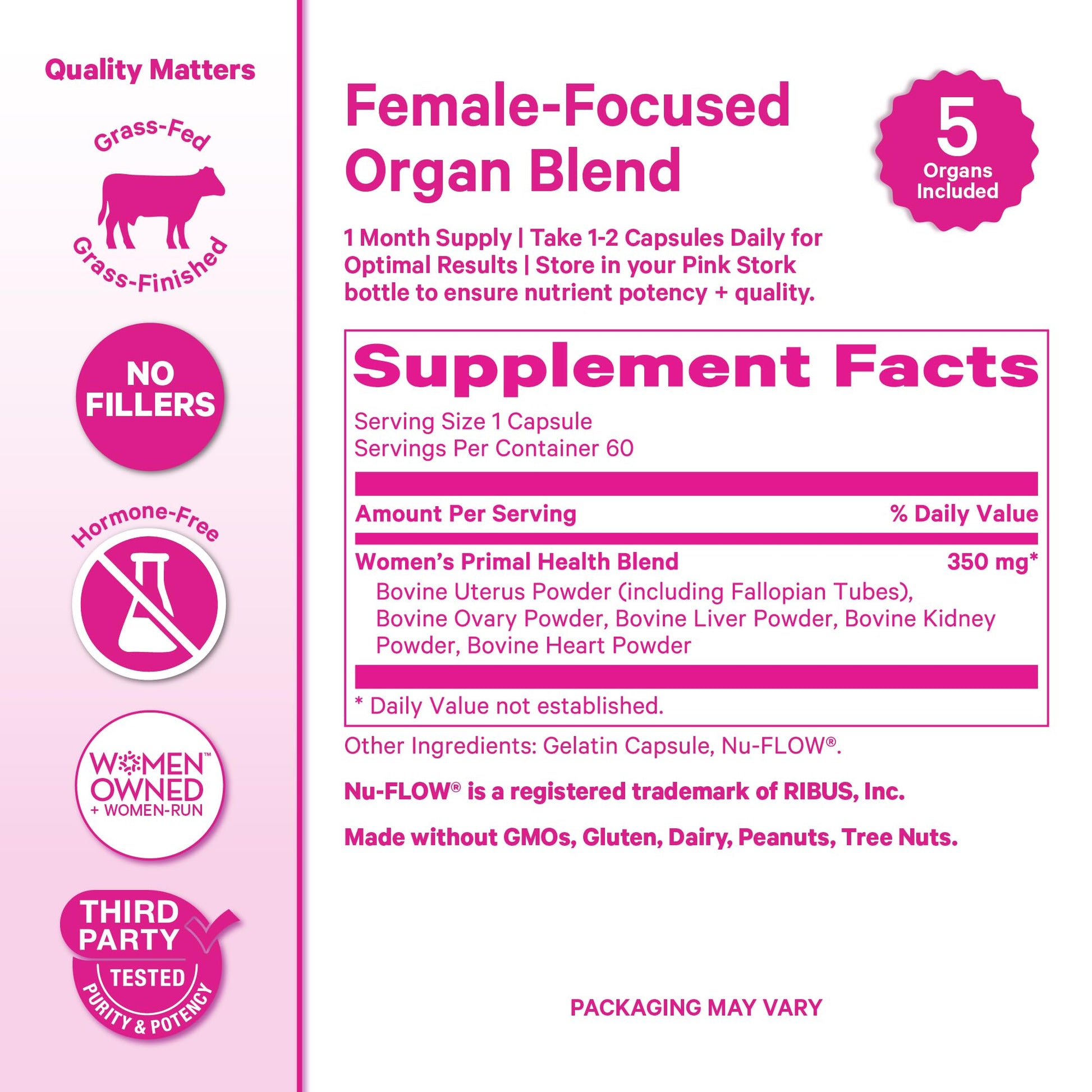Pink Stork Beef Organ Supplement for Women | Grass-Fed Beef Liver Capsules with Iron, B12, CoQ10, Vitamin A | Primal Multivitamin for Female Hormone + Energy Support | 60 Capsules - Maple Wellness Supplements