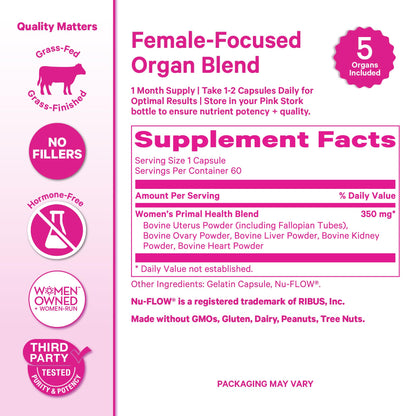 Pink Stork Beef Organ Supplement for Women | Grass-Fed Beef Liver Capsules with Iron, B12, CoQ10, Vitamin A | Primal Multivitamin for Female Hormone + Energy Support | 60 Capsules - Maple Wellness Supplements