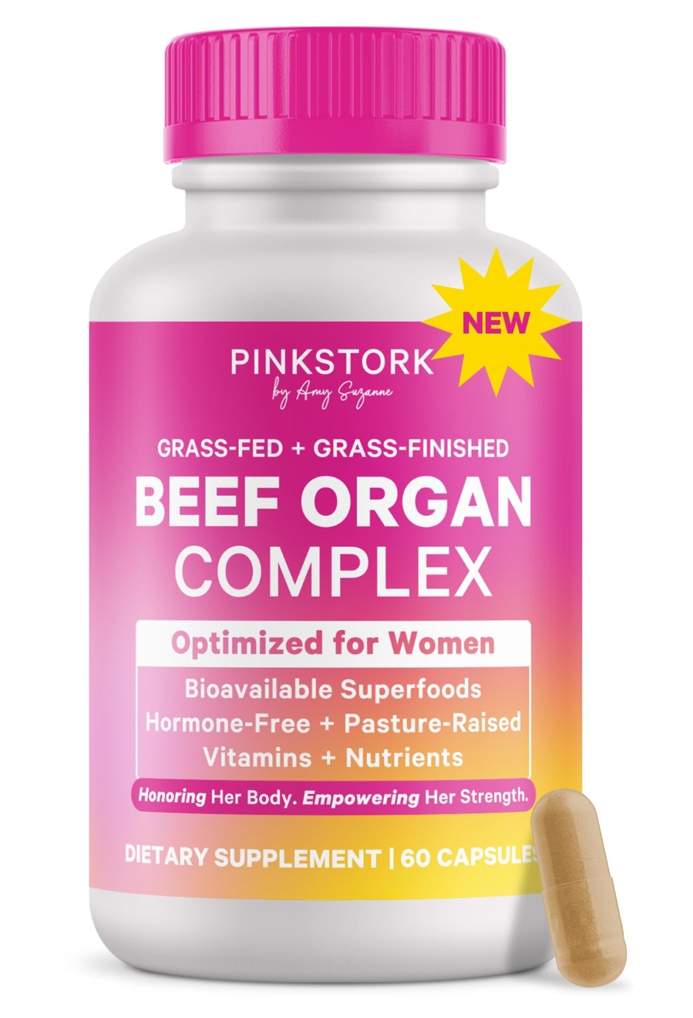 Pink Stork Beef Organ Supplement for Women | Grass-Fed Beef Liver Capsules with Iron, B12, CoQ10, Vitamin A | Primal Multivitamin for Female Hormone + Energy Support | 60 Capsules - Maple Wellness Supplements