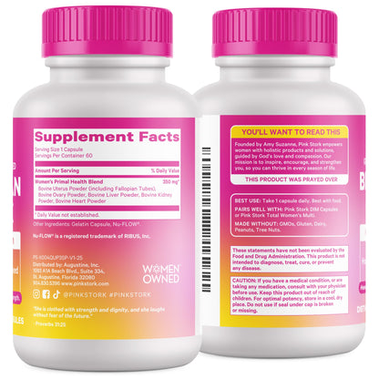 Pink Stork Beef Organ Supplement for Women | Grass-Fed Beef Liver Capsules with Iron, B12, CoQ10, Vitamin A | Primal Multivitamin for Female Hormone + Energy Support | 60 Capsules - Maple Wellness Supplements