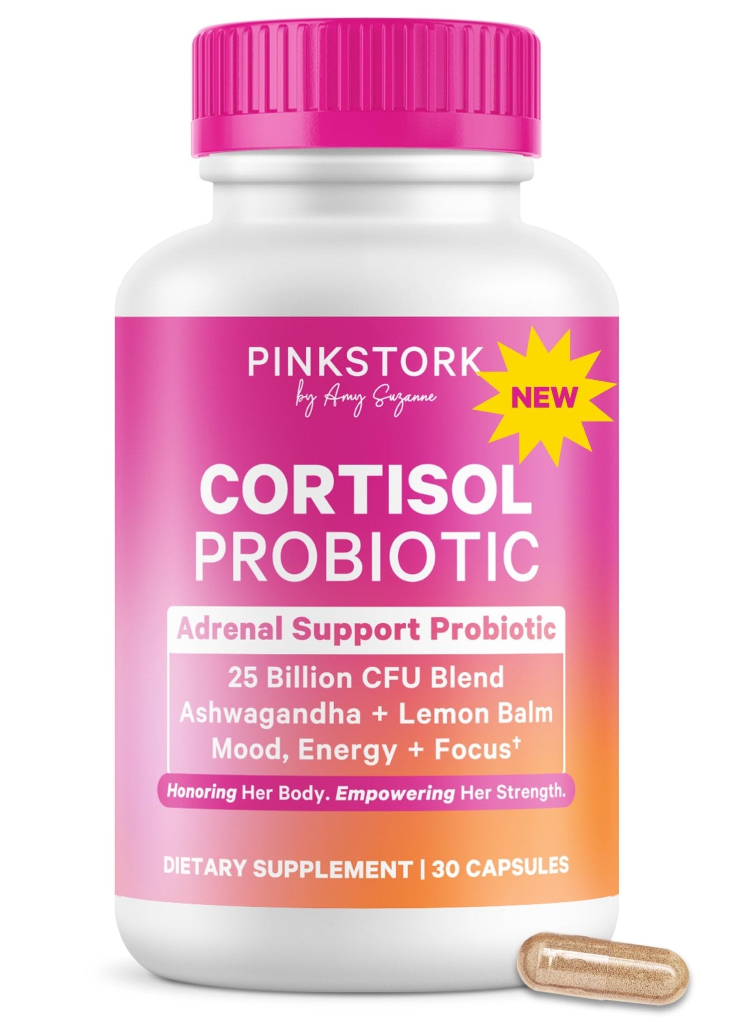 Pink Stork Cortisol Probiotic for Women – Mood and Adrenal Support Supplement – Ashwagandha, Lemon Balm, Chamomile, 25 Billion CFU – Gut Health, Energy, Focus – Lower Cortisol – 30 Capsules - Maple Wellness Supplements