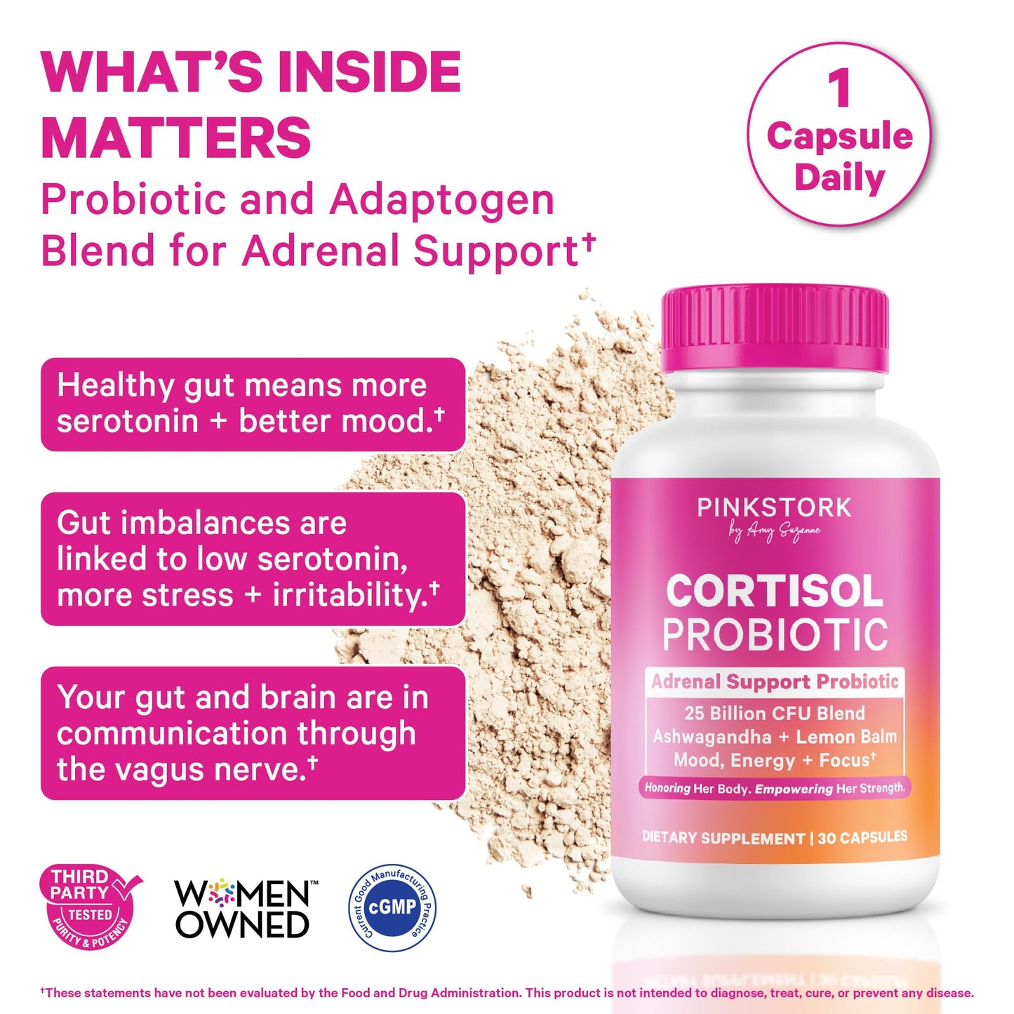 Pink Stork Cortisol Probiotic for Women – Mood and Adrenal Support Supplement – Ashwagandha, Lemon Balm, Chamomile, 25 Billion CFU – Gut Health, Energy, Focus – Lower Cortisol – 30 Capsules - Maple Wellness Supplements