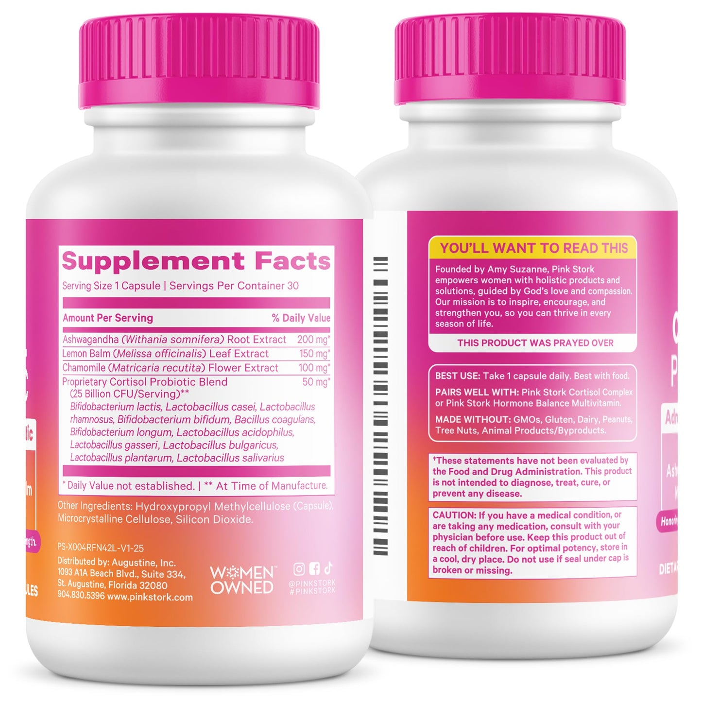 Pink Stork Cortisol Probiotic for Women – Mood and Adrenal Support Supplement – Ashwagandha, Lemon Balm, Chamomile, 25 Billion CFU – Gut Health, Energy, Focus – Lower Cortisol – 30 Capsules - Maple Wellness Supplements