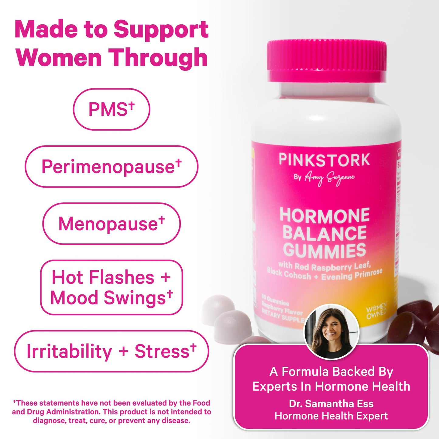 Pink Stork Hormone Balance Gummies for Women – PMS, Menopause & Estrogen Support – Mood, Bloating, Hot Flashes & Energy – Red Raspberry Leaf, Black Cohosh, Primrose – 60 Vegan Gummies - Maple Wellness Supplements