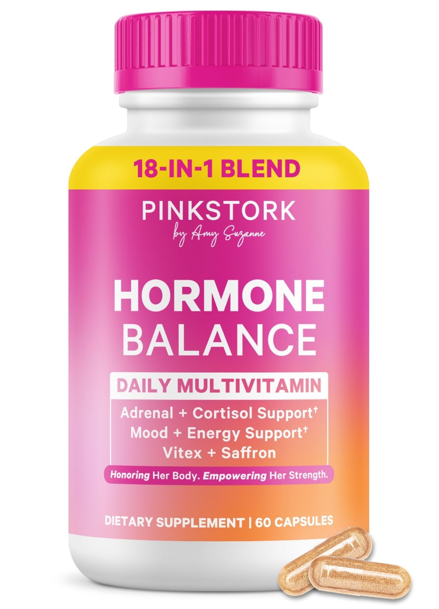 Pink Stork Hormone Balance Multivitamin for Women | 18-in-1 Vitex, Saffron, Ashwagandha, Magnesium | Mood, Energy, Cortisol, Adrenal Support | PMS, Perimenopause Support | 60 Vegan Capsules - Maple Wellness Supplements