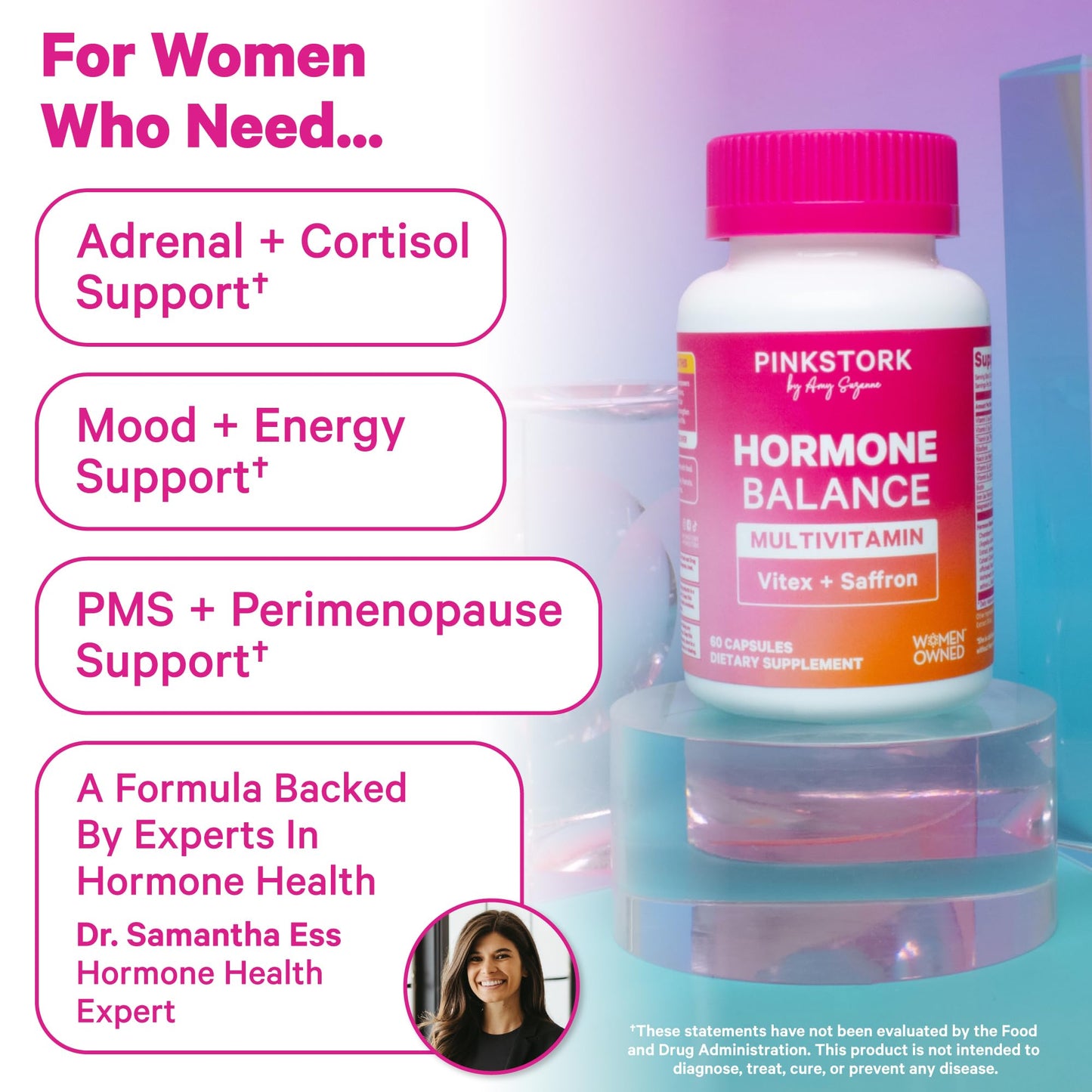 Pink Stork Hormone Balance Multivitamin for Women | 18-in-1 Vitex, Saffron, Ashwagandha, Magnesium | Mood, Energy, Cortisol, Adrenal Support | PMS, Perimenopause Support | 60 Vegan Capsules - Maple Wellness Supplements
