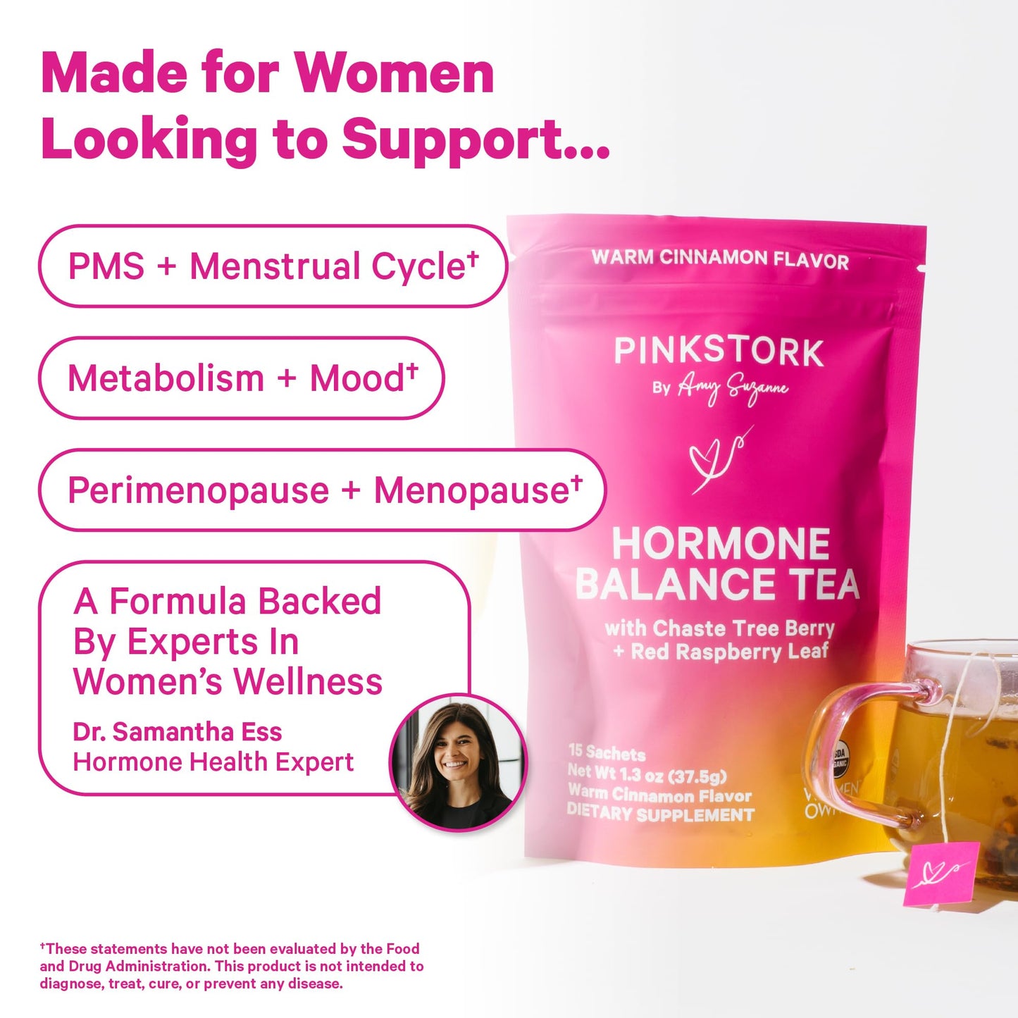 Pink Stork Hormone Balance Tea for Women – Red Raspberry Leaf & Chasteberry (Vitex) – Organic Herbal Tea for PMS, Menstrual Cycle & Perimenopause Support – Caffeine-Free Cinnamon Blend – 30 Cups - Maple Wellness Supplements