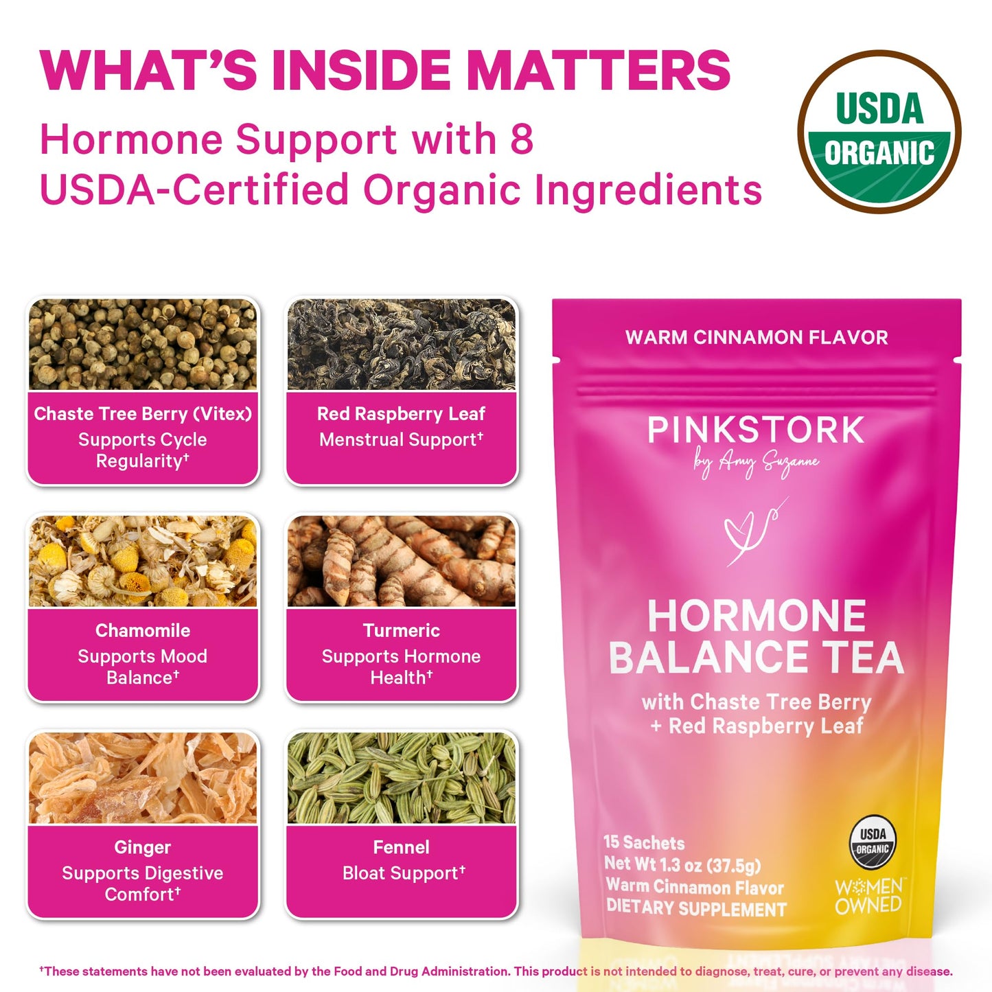 Pink Stork Hormone Balance Tea for Women – Red Raspberry Leaf & Chasteberry (Vitex) – Organic Herbal Tea for PMS, Menstrual Cycle & Perimenopause Support – Caffeine-Free Cinnamon Blend – 30 Cups - Maple Wellness Supplements