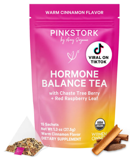 Pink Stork Hormone Balance Tea for Women – Red Raspberry Leaf & Chasteberry (Vitex) – Organic Herbal Tea for PMS, Menstrual Cycle & Perimenopause Support – Caffeine-Free Cinnamon Blend – 30 Cups - Maple Wellness Supplements