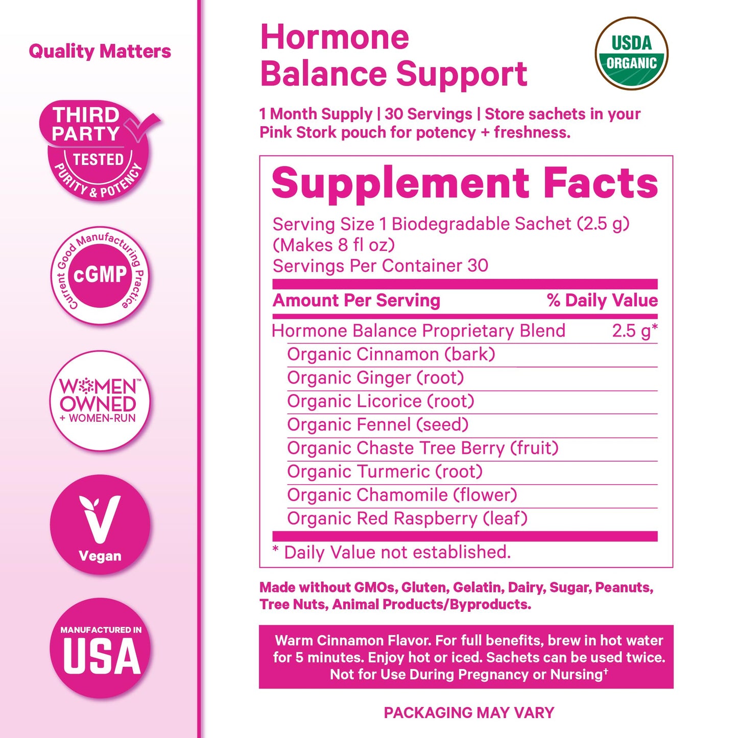 Pink Stork Hormone Balance Tea for Women – Red Raspberry Leaf & Chasteberry (Vitex) – Organic Herbal Tea for PMS, Menstrual Cycle & Perimenopause Support – Caffeine-Free Cinnamon Blend – 30 Cups - Maple Wellness Supplements