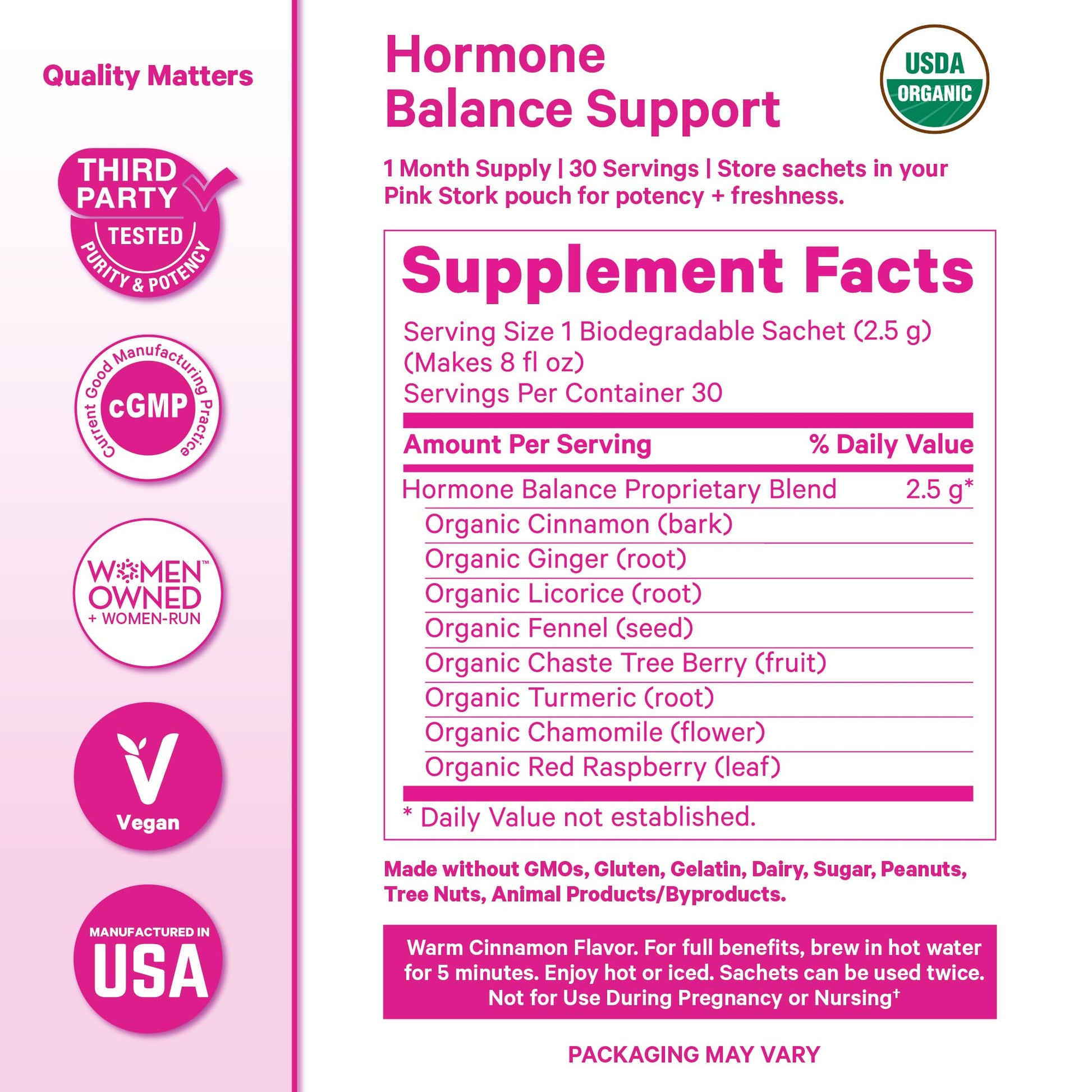 Pink Stork Hormone Balance Tea for Women – Red Raspberry Leaf & Chasteberry (Vitex) – Organic Herbal Tea for PMS, Menstrual Cycle & Perimenopause Support – Caffeine-Free Cinnamon Blend – 30 Cups - Maple Wellness Supplements