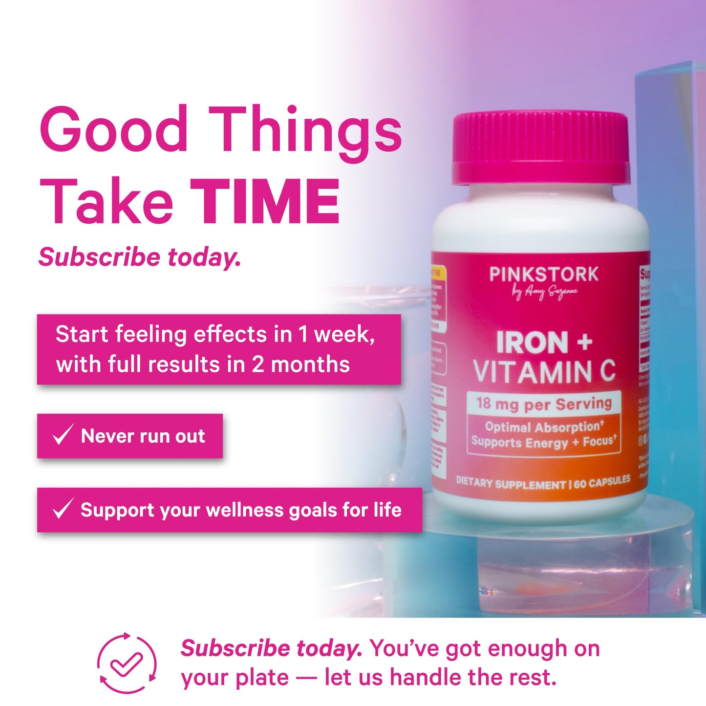 Pink Stork Iron for Women – 18 mg Non-Constipating Iron Bisglycinate + Vitamin C for Optimal Absorption – Energy, Focus, & Oxygen Supply – PMS, Pregnancy, Postpartum & Perimenopause - 60 Capsules - Maple Wellness Supplements