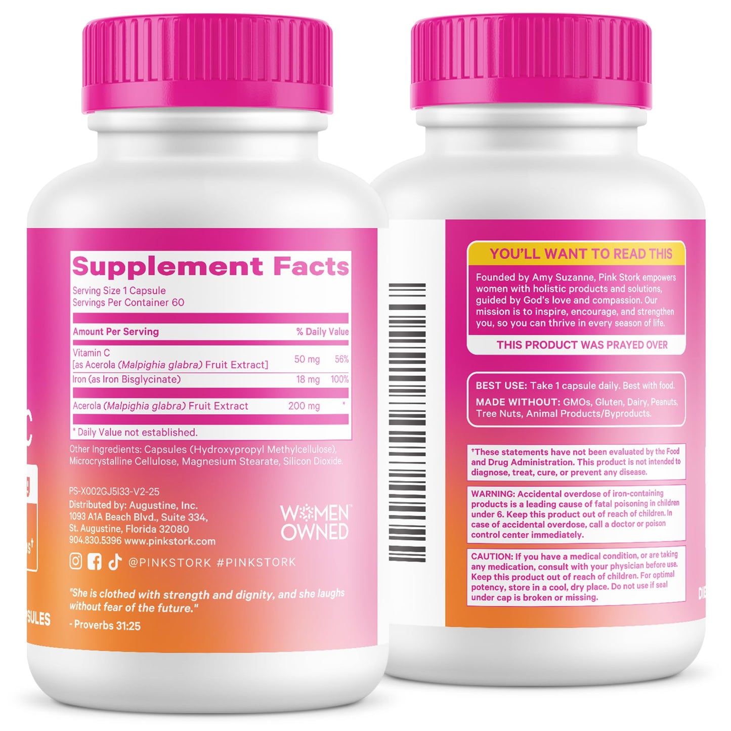 Pink Stork Iron for Women – 18 mg Non-Constipating Iron Bisglycinate + Vitamin C for Optimal Absorption – Energy, Focus, & Oxygen Supply – PMS, Pregnancy, Postpartum & Perimenopause - 60 Capsules - Maple Wellness Supplements