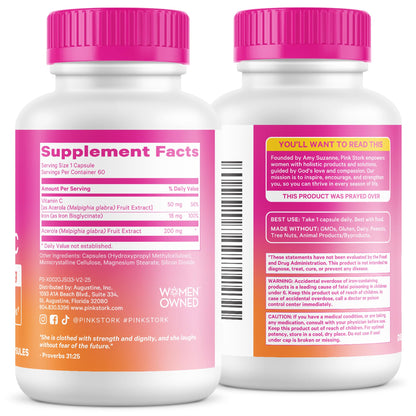 Pink Stork Iron for Women – 18 mg Non-Constipating Iron Bisglycinate + Vitamin C for Optimal Absorption – Energy, Focus, & Oxygen Supply – PMS, Pregnancy, Postpartum & Perimenopause - 60 Capsules - Maple Wellness Supplements