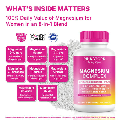 Pink Stork Magnesium Complex for Women - 8 Forms Including Glycinate, Malate, Citrate & L-Threonate - Stress, Sleep, Muscle & Hormone Support - 400 mg Elemental Magnesium - 60 Vegan Capsules - Maple Wellness Supplements