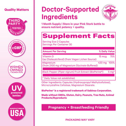 Pink Stork Magnesium Glycinate with Vitamin D - Magnesium Supplement for Women to Support Natural Calm, Mood, and Sleep - Hormone Balance for Women - Maple Wellness Supplements