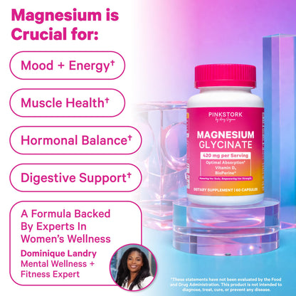 Pink Stork Magnesium Glycinate with Vitamin D - Magnesium Supplement for Women to Support Natural Calm, Mood, and Sleep - Hormone Balance for Women - Maple Wellness Supplements