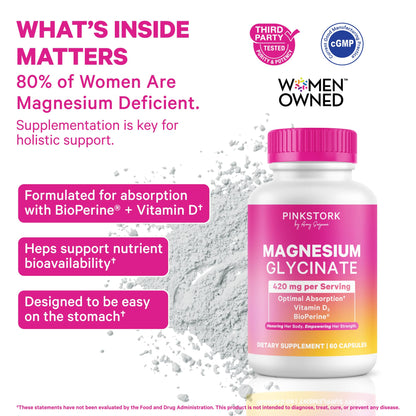 Pink Stork Magnesium Glycinate with Vitamin D - Magnesium Supplement for Women to Support Natural Calm, Mood, and Sleep - Hormone Balance for Women - Maple Wellness Supplements