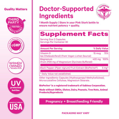 Pink Stork Magnesium Glycinate with Vitamin D - Magnesium Supplement for Women to Support Natural Calm, Mood, and Sleep - Hormone Balance for Women - 60 Capsules, Berry Essence, 1 Month Supply - Maple Wellness Supplements