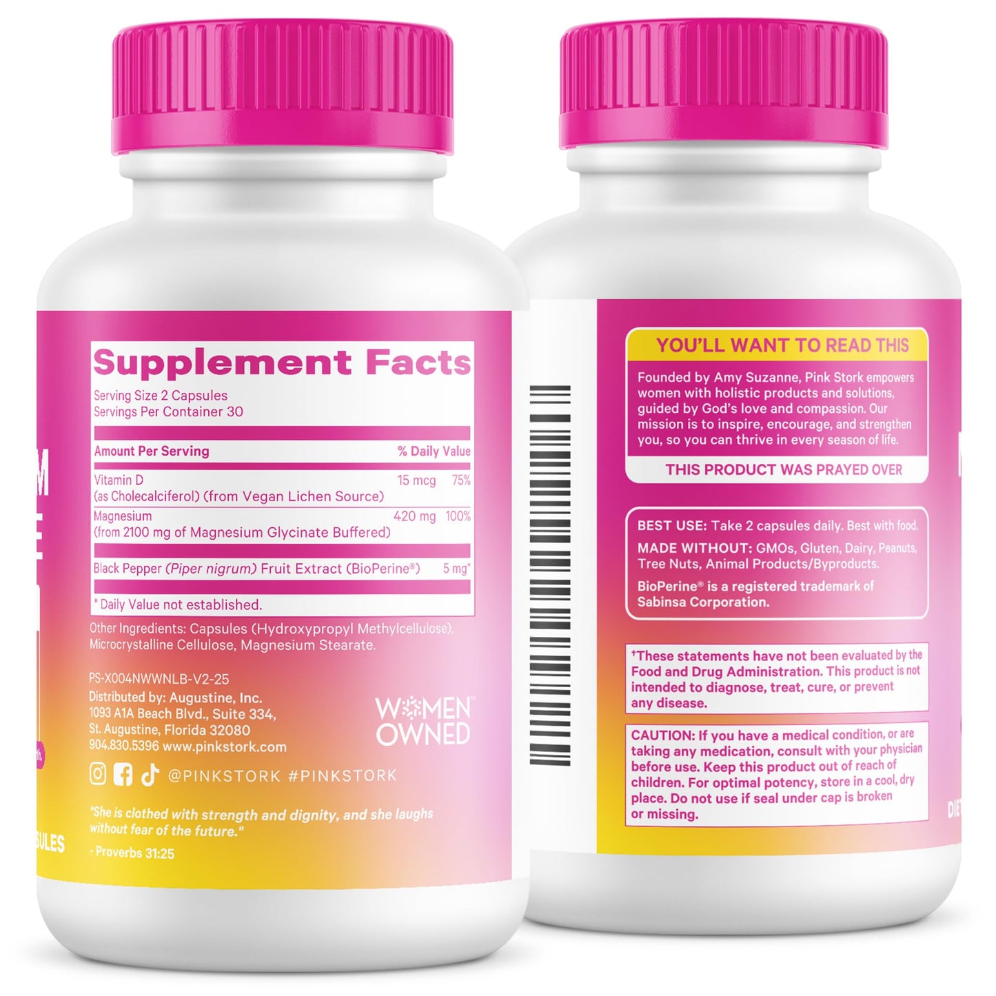 Pink Stork Magnesium Glycinate with Vitamin D - Magnesium Supplement for Women to Support Natural Calm, Mood, and Sleep - Hormone Balance for Women - 60 Capsules, Berry Essence, 1 Month Supply - Maple Wellness Supplements
