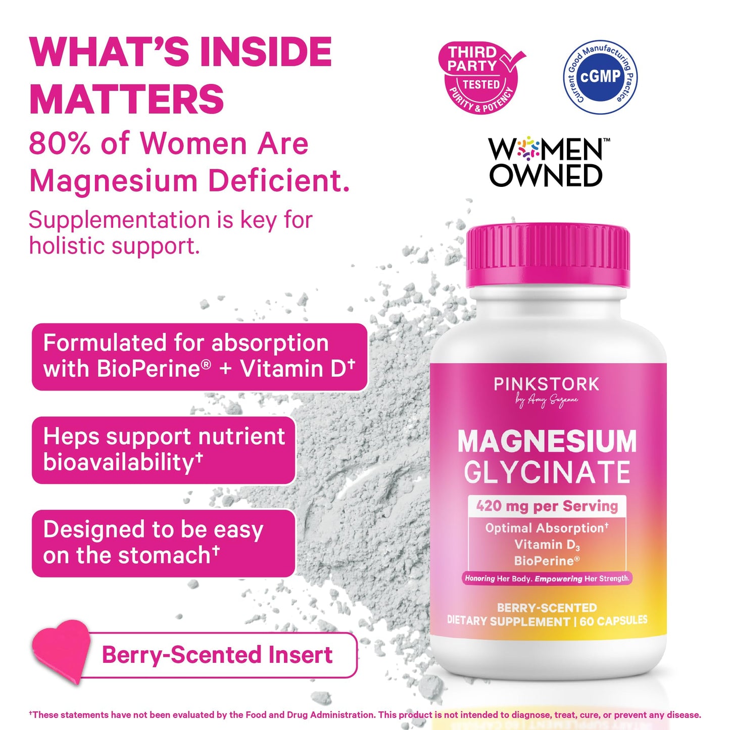 Pink Stork Magnesium Glycinate with Vitamin D - Magnesium Supplement for Women to Support Natural Calm, Mood, and Sleep - Hormone Balance for Women - 60 Capsules, Berry Essence, 1 Month Supply - Maple Wellness Supplements