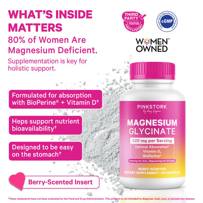 Pink Stork Magnesium Glycinate with Vitamin D - Magnesium Supplement for Women to Support Natural Calm, Mood, and Sleep - Hormone Balance for Women - 60 Capsules, Berry Essence, 1 Month Supply - Maple Wellness Supplements