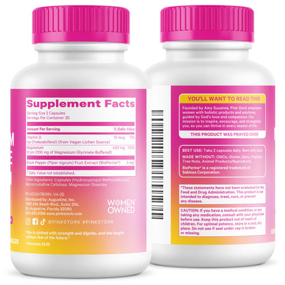 Pink Stork Magnesium Glycinate with Vitamin D - Magnesium Supplement for Women to Support Natural Calm, Mood, and Sleep - Hormone Balance for Women - Maple Wellness Supplements