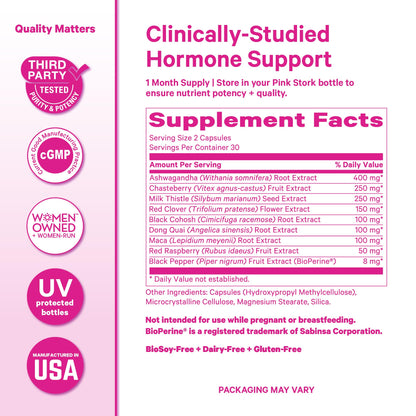 Pink Stork Menopause Support for Women - Hot Flash, Mood, Sleep, Weight, Cortisol & Hormonal Balance - Vegan, Estrogen-Free Perimenopause Relief - Ashwagandha, Maca - 60 Capsules - Maple Wellness Supplements
