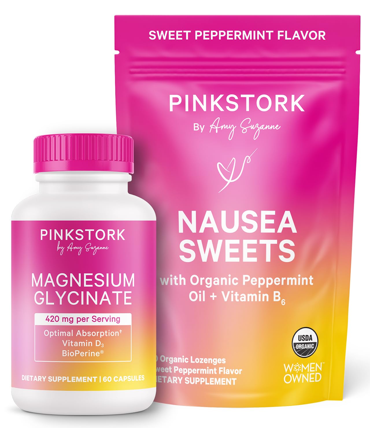 Pink Stork Mood and Stomach Relief Bundle - Magnesium Glycinate and Organic Peppermint Sweets for Morning Sickness and Motion Sickness, Mood Support - Maple Wellness Supplements