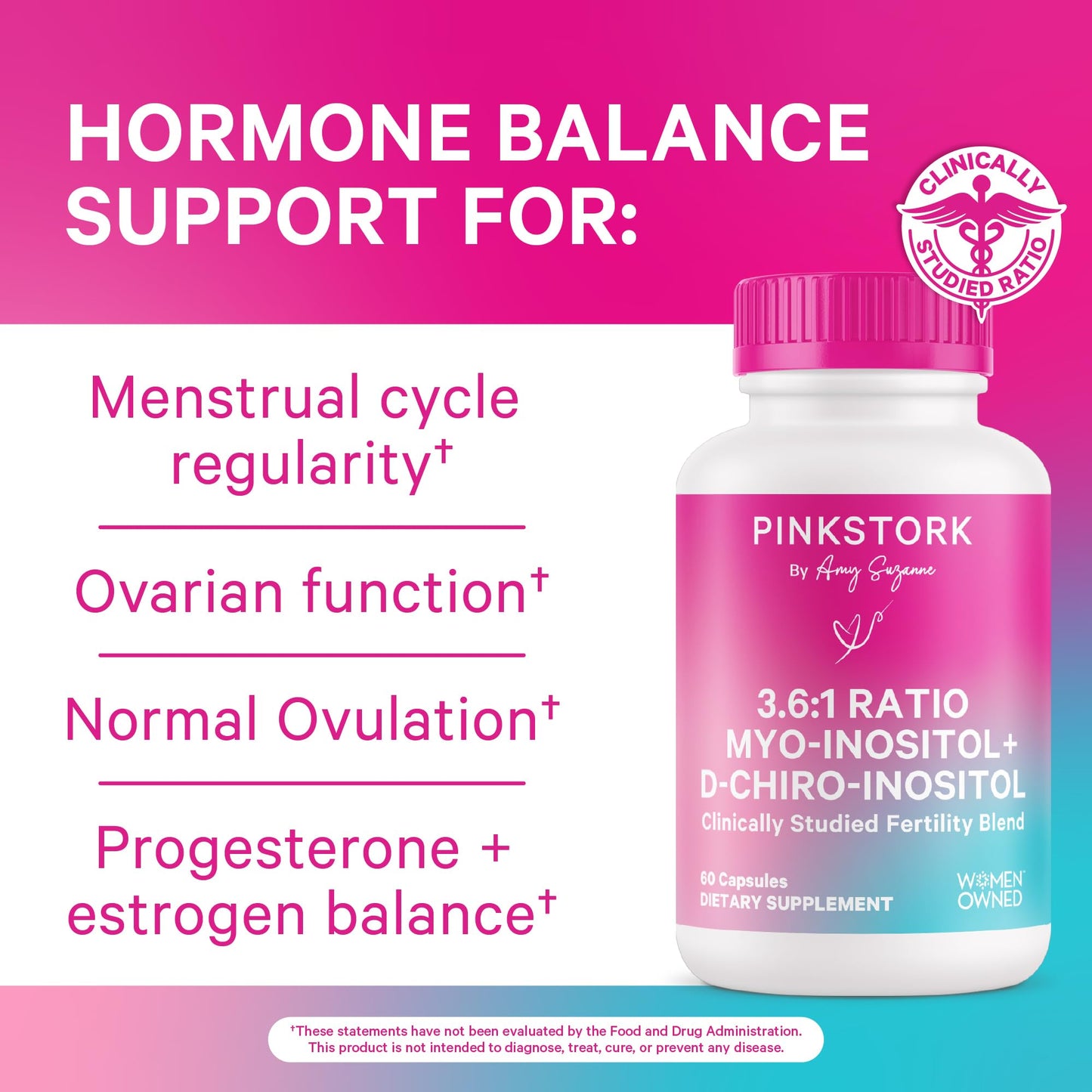 Pink Stork Myo-Inositol & D-Chiro Inositol: 3.6:1 Blend to Support Fertility, Hormone Balance for Women - Ovarian Function, Ovulation, Conception, and Period Support Supplement - 60 Capsules - Maple Wellness Supplements