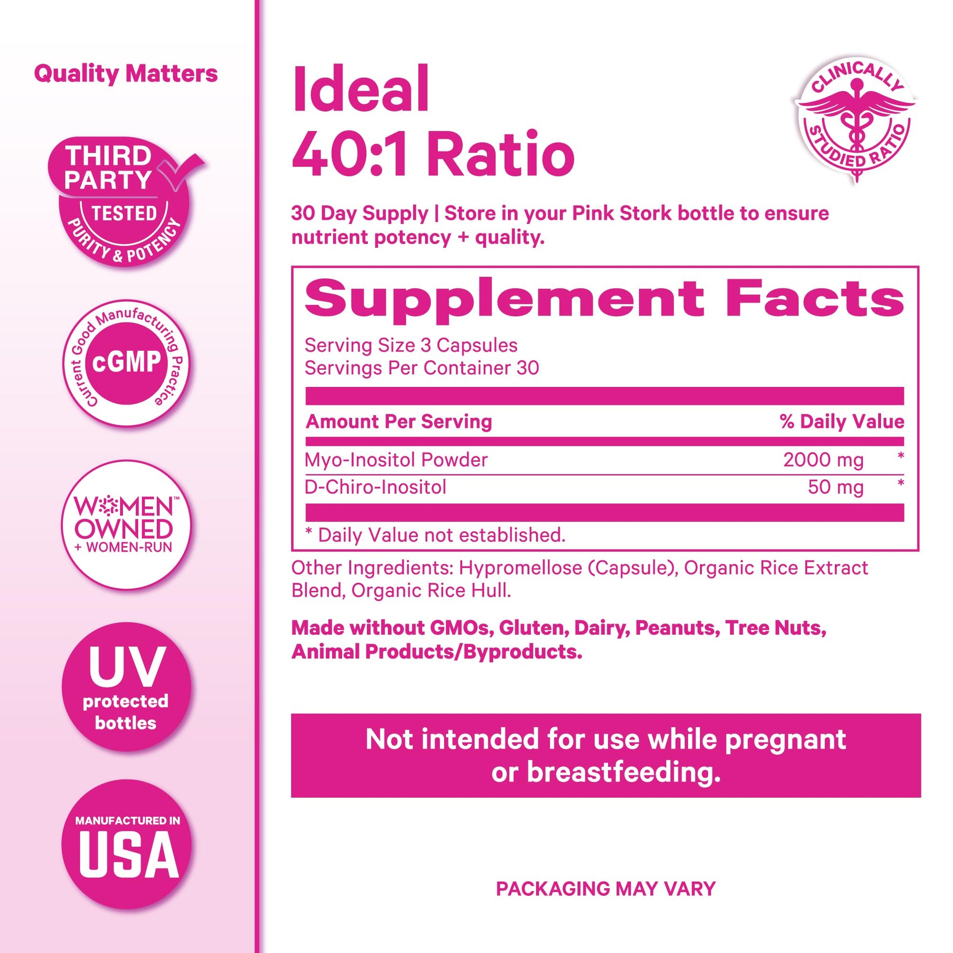 Pink Stork Myo-Inositol & D-Chiro Inositol Supplement - Hormonal Balance for Women - Ovarian Support - 40:1 Ratio - Fertility Supplements for Women - 180 Capsules, 2 Month Supply - Maple Wellness Supplements