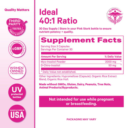 Pink Stork Myo-Inositol & D-Chiro Inositol Supplement - Hormonal Balance for Women - Ovarian Support - 40:1 Ratio - Fertility Supplements for Women - 180 Capsules, 2 Month Supply - Maple Wellness Supplements