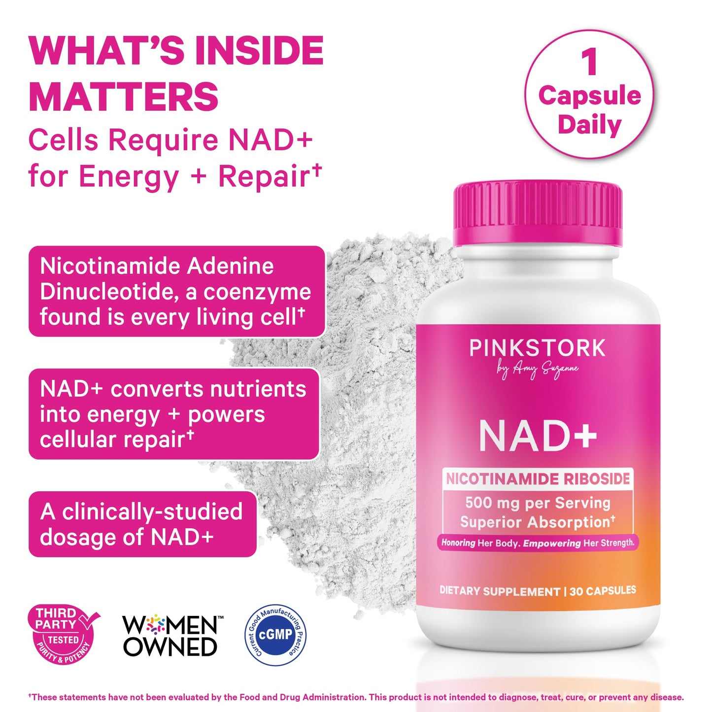 Pink Stork NAD+ Supplement for Women | 500mg Nicotinamide Riboside NR | Clinically-Studied Pure NMN Powder | Brain + Cognitive Support |Energy, Skin Essentials Over 30 | 1 Month Supply - Maple Wellness Supplements